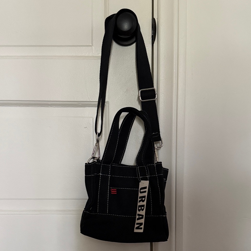 Black Canvas Crossbody Tote Bag with Contrast Stitching